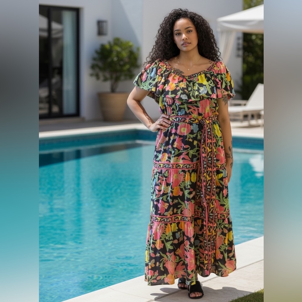 Gretchen Scott Blue Floral Bird Print Maxi Dress, Ruffle Neckline & Belt Small